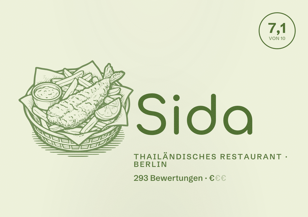 Illustriertes Poster von Sida, Thailändisches Restaurant in Berlin: Bewertung 7,1 von 10 aus 293 Bewertungen, Preisniveau €