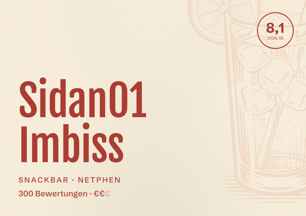 Illustriertes Poster von Sidan01 Imbiss, Snackbar in Netphen: Bewertung 8,1 von 10 aus 300 Bewertungen, Preisniveau €€