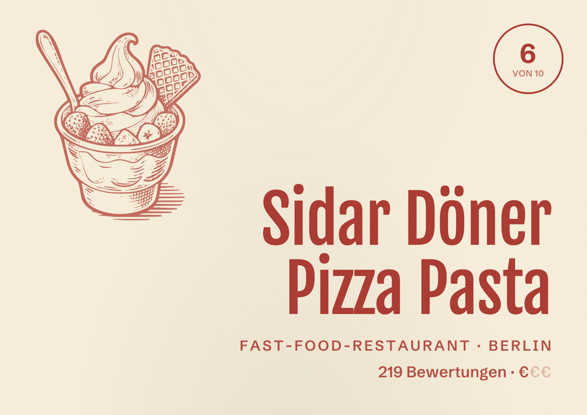 Illustriertes Poster von Sidar Döner Pizza Pasta, Fast-Food-Restaurant in Berlin: Bewertung 6,0 von 10 aus 219 Bewertungen, Preisniveau €
