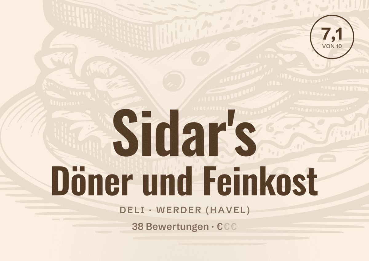 Illustriertes Poster von Sidar's Döner und Feinkost, Deli in Werder (Havel): Bewertung 7,1 von 10 aus 38 Bewertungen, Preisniveau €