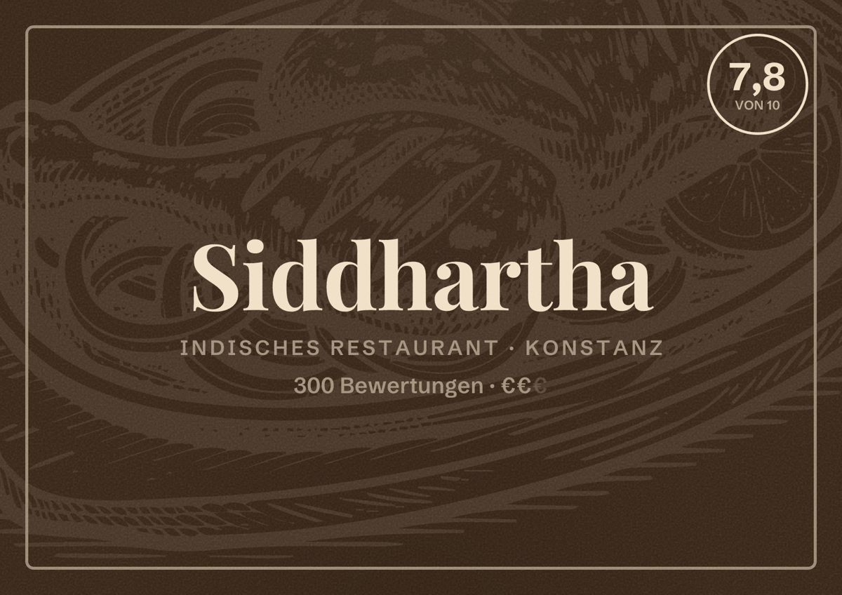 Illustriertes Poster von Siddhartha, Indisches Restaurant in Konstanz: Bewertung 7,8 von 10 aus 300 Bewertungen, Preisniveau €€
