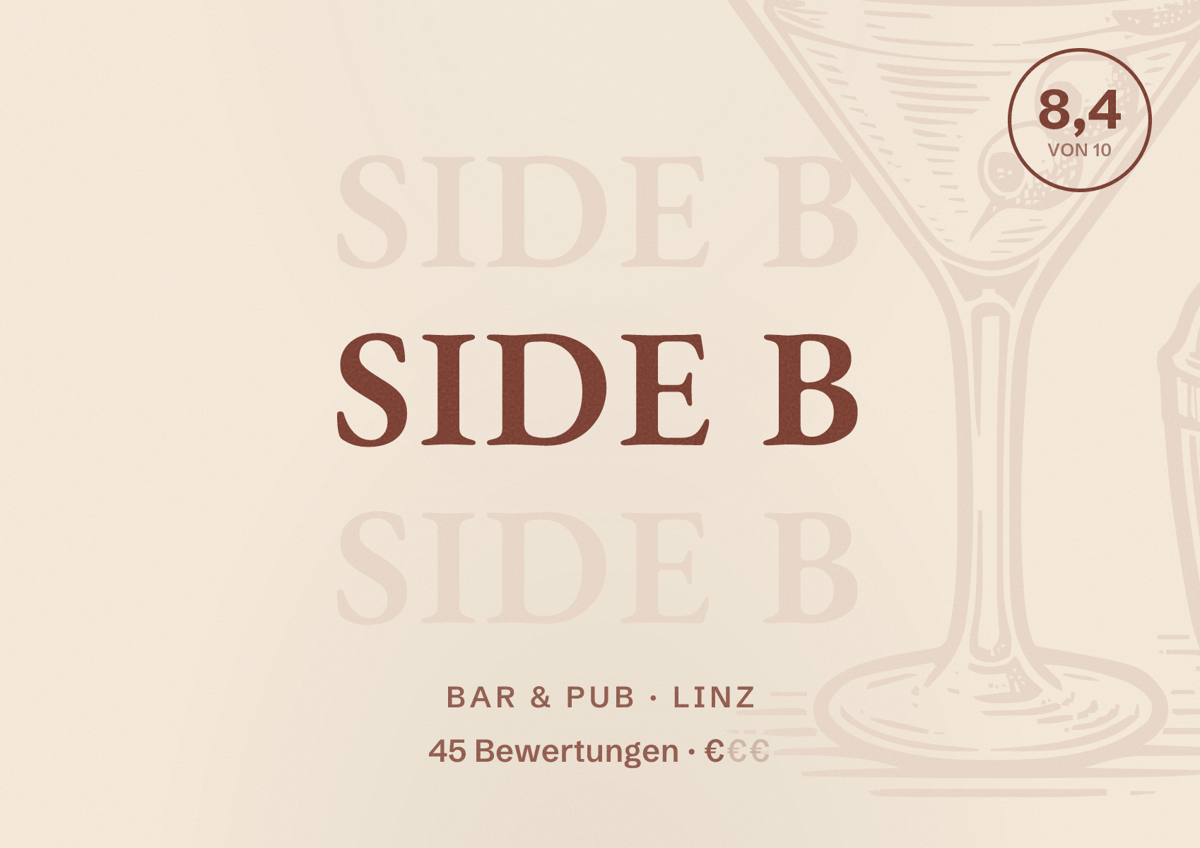 Illustriertes Poster von Side B, Bar & Pub in Linz: Bewertung 8,4 von 10 aus 45 Bewertungen, Preisniveau €