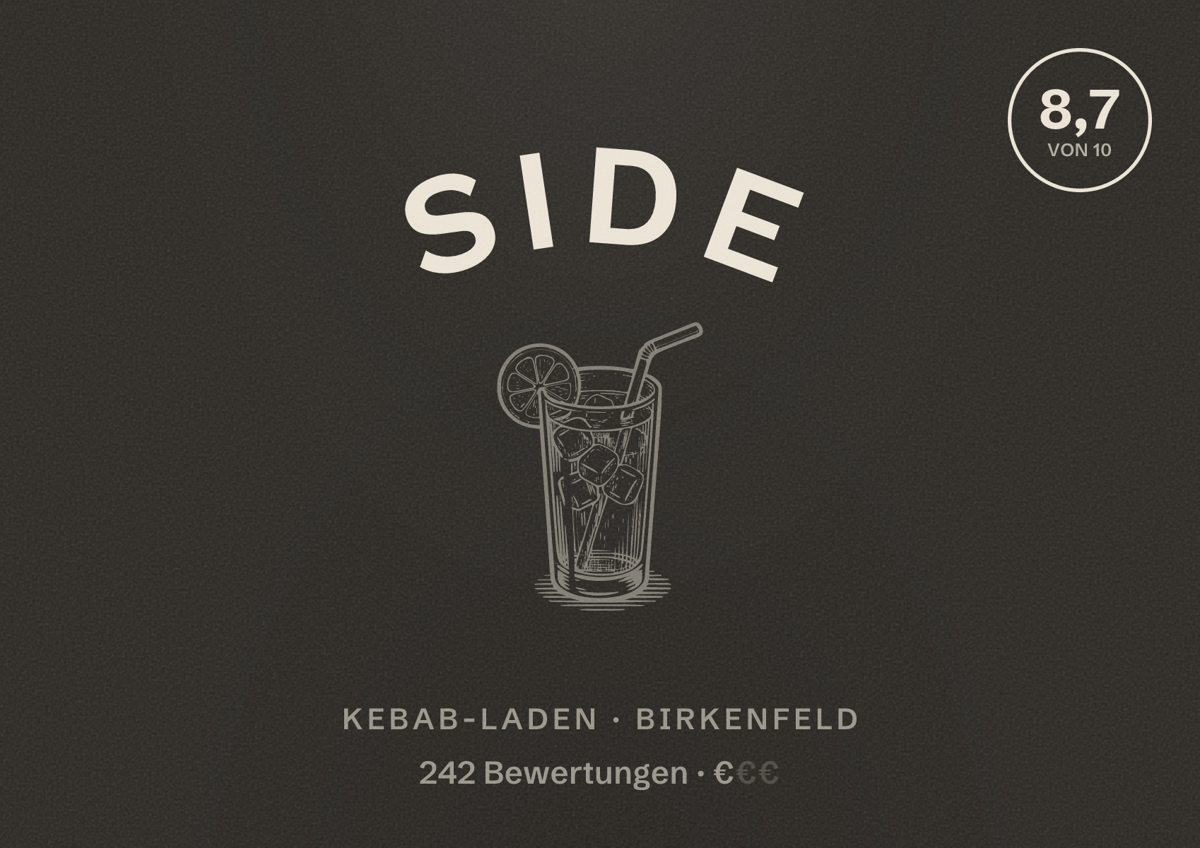 Illustriertes Poster von Side, Kebab-Laden in Birkenfeld: Bewertung 8,7 von 10 aus 242 Bewertungen, Preisniveau €