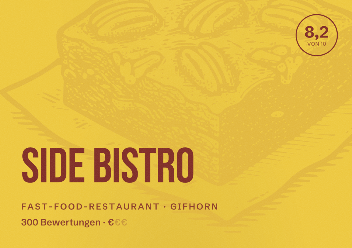 Illustriertes Poster von Side Bistro, Fast-Food-Restaurant in Gifhorn: Bewertung 8,2 von 10 aus 300 Bewertungen, Preisniveau €