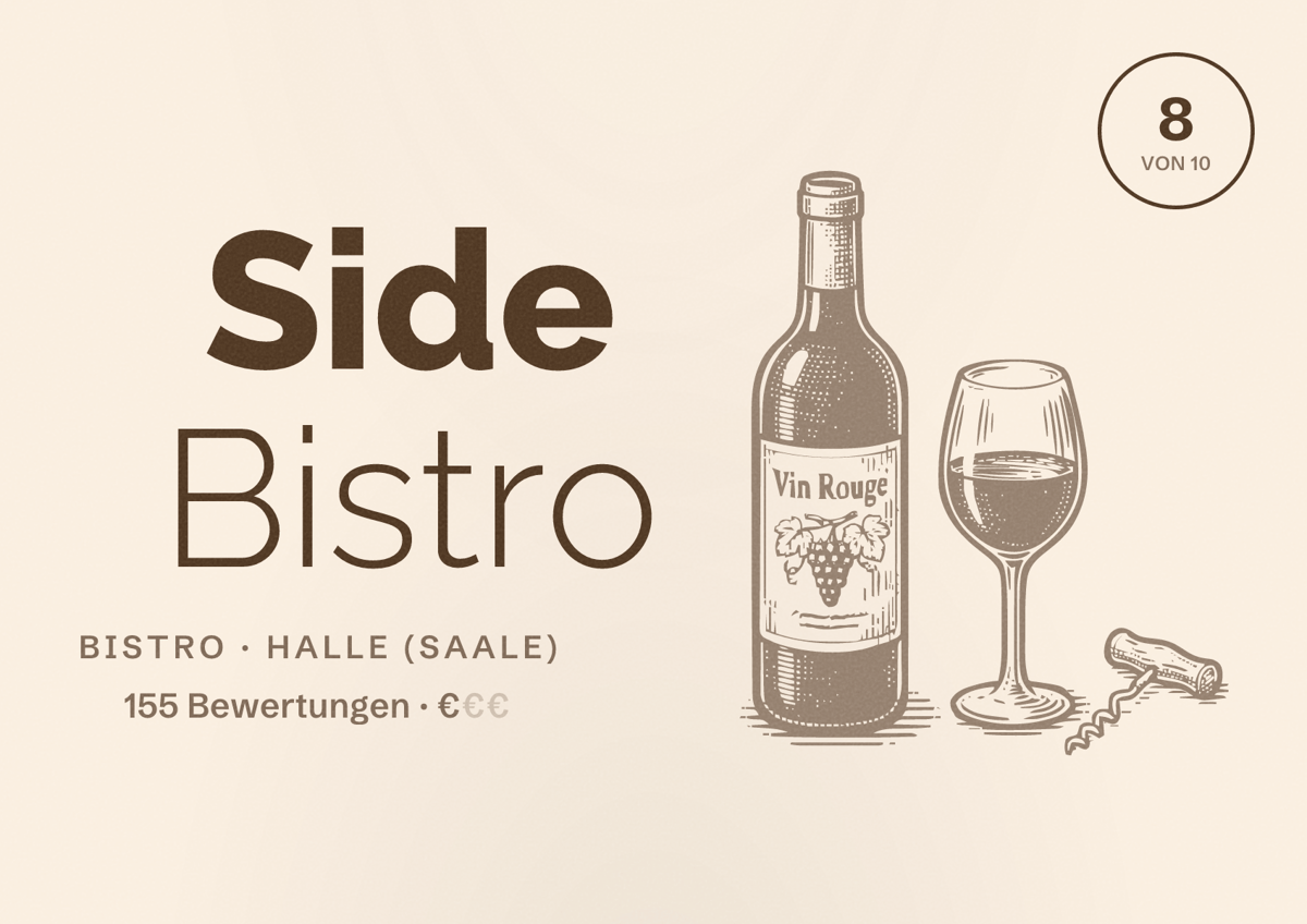 Illustriertes Poster von Side Bistro, Bistro in Halle (Saale): Bewertung 8,0 von 10 aus 155 Bewertungen, Preisniveau €
