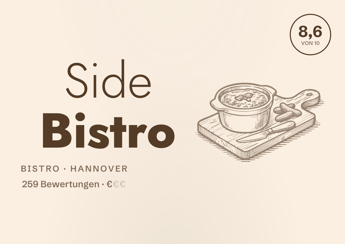 Illustriertes Poster von Side Bistro, Bistro in Hannover: Bewertung 8,6 von 10 aus 259 Bewertungen, Preisniveau €