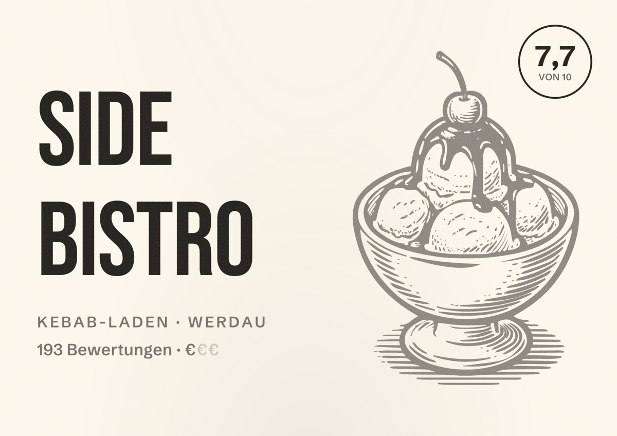 Illustriertes Poster von Side Bistro, Kebab-Laden in Werdau: Bewertung 7,7 von 10 aus 193 Bewertungen, Preisniveau €