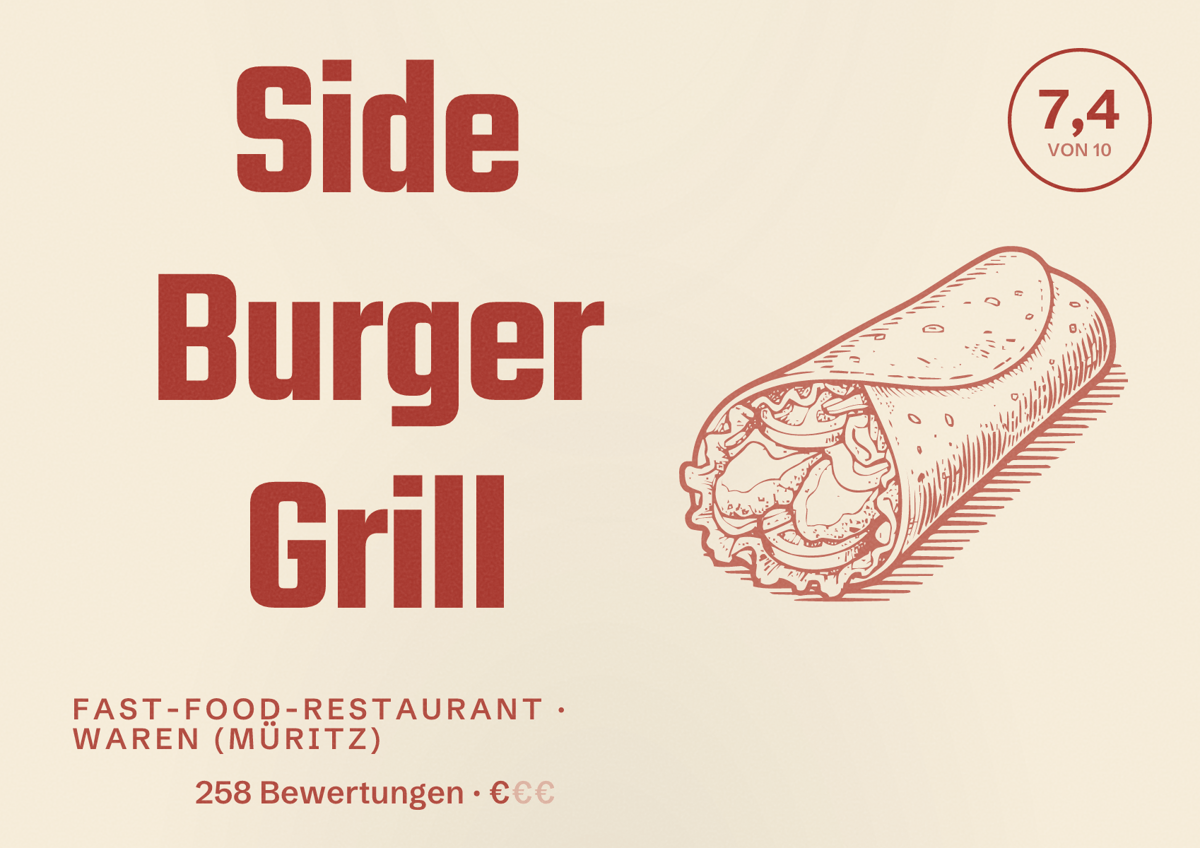 Illustriertes Poster von Side Burger Grill, Fast-Food-Restaurant in Waren (Müritz): Bewertung 7,4 von 10 aus 258 Bewertungen, Preisniveau €