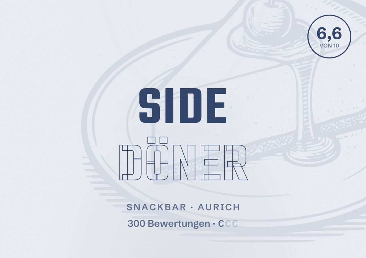 Illustriertes Poster von Side Döner, Snackbar in Aurich: Bewertung 6,6 von 10 aus 300 Bewertungen, Preisniveau €