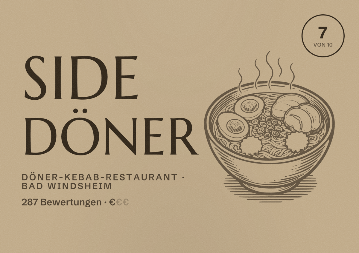 Illustriertes Poster von Side Döner, Döner-Kebab-Restaurant in Bad Windsheim: Bewertung 7 von 10 aus 287 Bewertungen, Preisniveau €