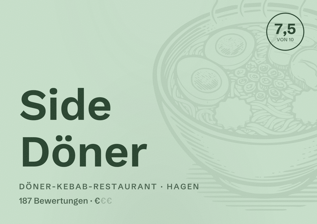 Illustriertes Poster von Side Döner, Döner-Kebab-Restaurant in Hagen: Bewertung 7,5 von 10 aus 187 Bewertungen, Preisniveau €