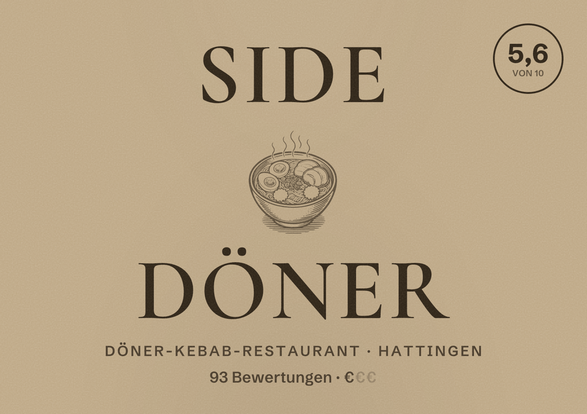 Illustriertes Poster von Side Döner, Döner-Kebab-Restaurant in Hattingen: Bewertung 5,6 von 10 aus 93 Bewertungen, Preisniveau €