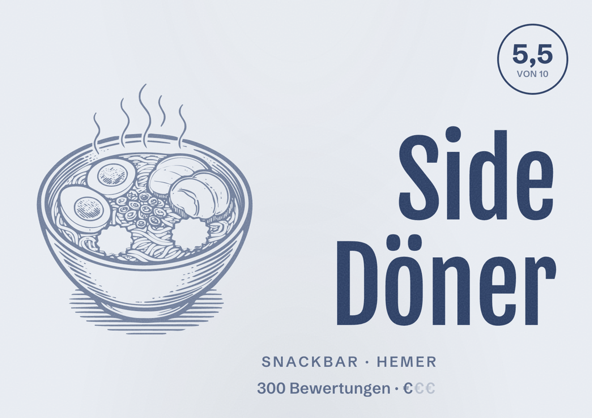 Illustriertes Poster von Side Döner, Snackbar in Hemer: Bewertung 5,5 von 10 aus 300 Bewertungen, Preisniveau €