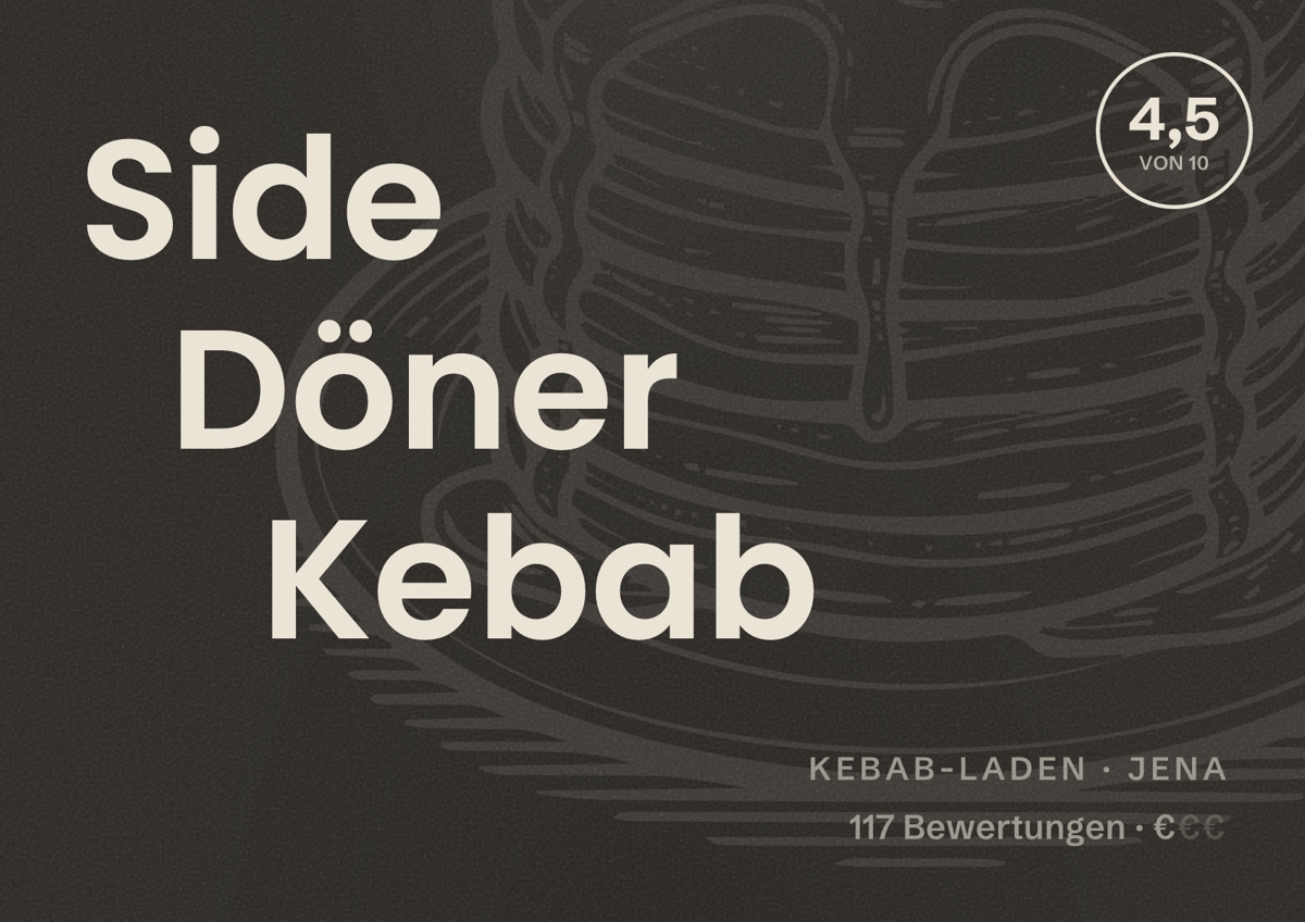 Illustriertes Poster von Side Döner Kebab, Kebab-Laden in Jena: Bewertung 4,5 von 10 aus 117 Bewertungen, Preisniveau €