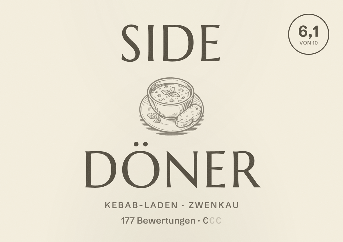 Illustriertes Poster von Side Döner, Kebab-Laden in Zwenkau: Bewertung 6,1 von 10 aus 177 Bewertungen, Preisniveau €