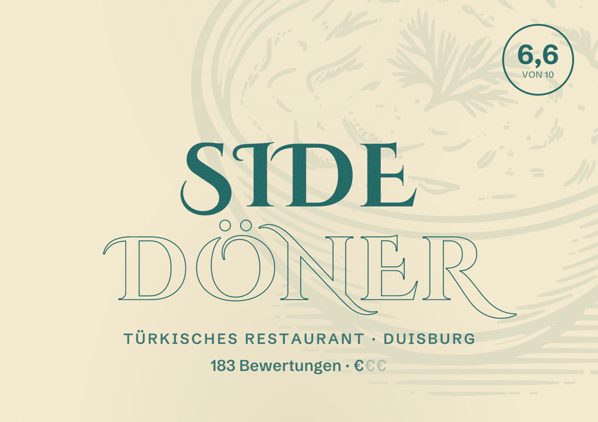 Illustriertes Poster von Side Döner, Türkisches Restaurant in Duisburg: Bewertung 6,6 von 10 aus 183 Bewertungen, Preisniveau €