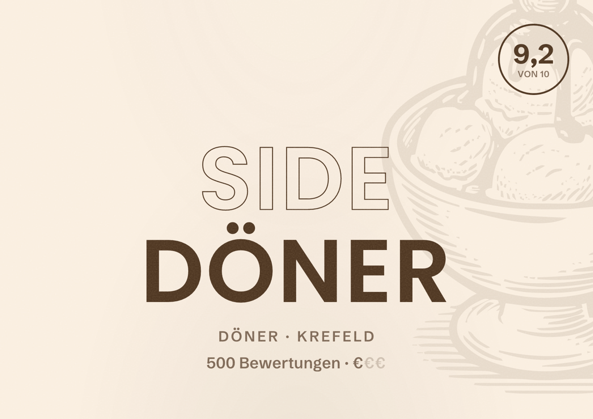 Illustriertes Poster von Side Döner, Döner in Krefeld: Bewertung 9,2 von 10 aus 500 Bewertungen, Preisniveau €