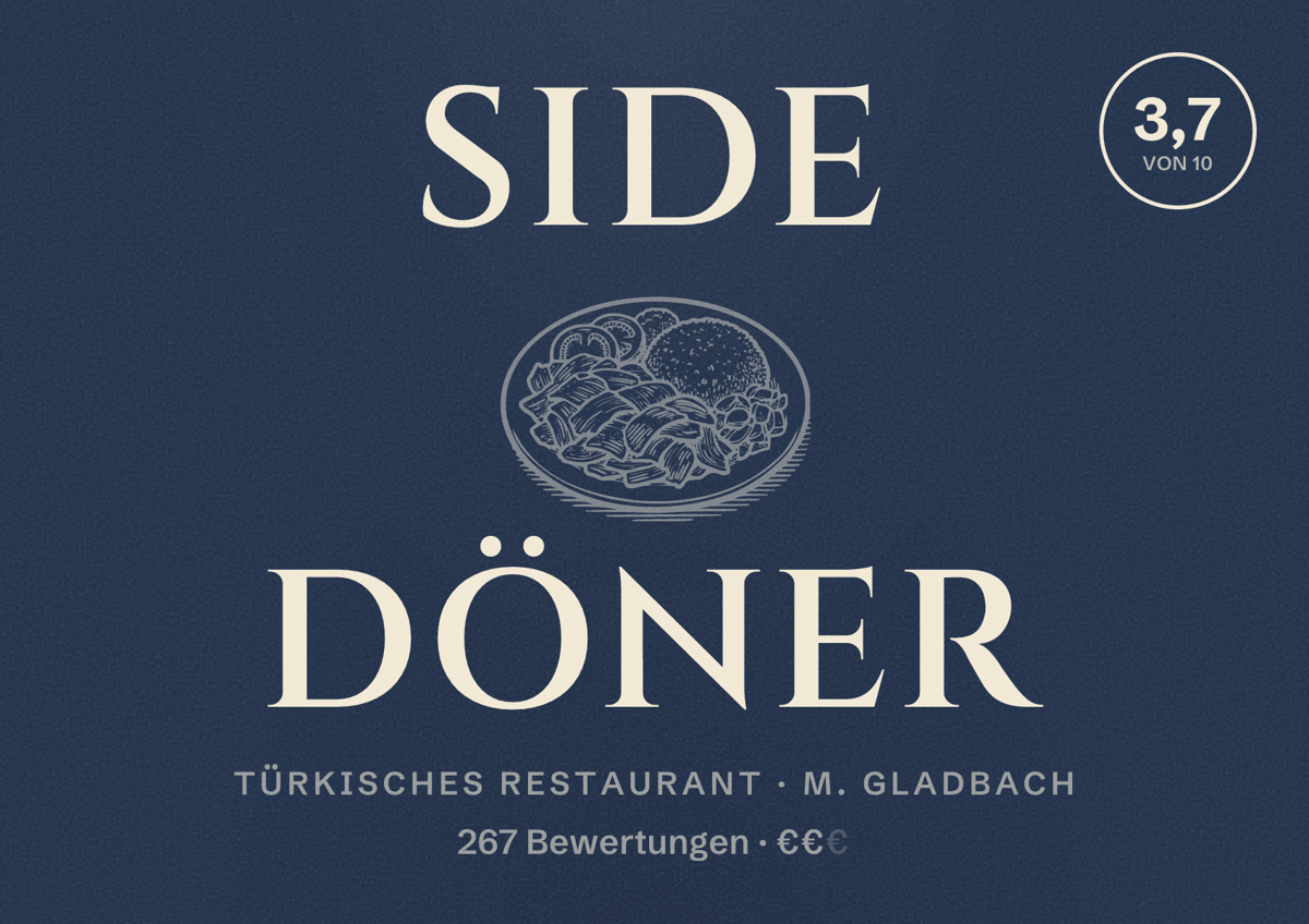 Illustriertes Poster von Side Döner, Türkisches Restaurant in M. Gladbach: Bewertung 3,7 von 10 aus 267 Bewertungen, Preisniveau €€