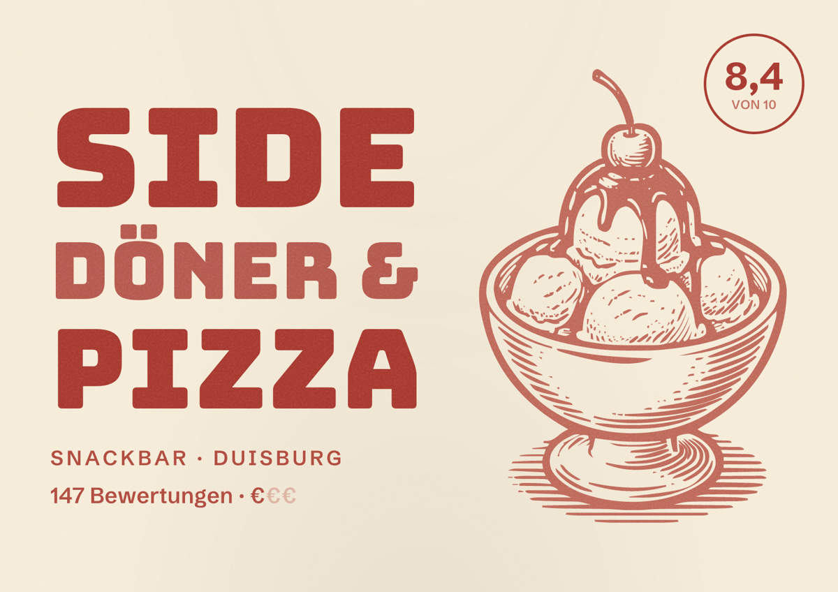 Illustriertes Poster von Side Döner & Pizza, Snackbar in Duisburg: Bewertung 8,4 von 10 aus 147 Bewertungen, Preisniveau €