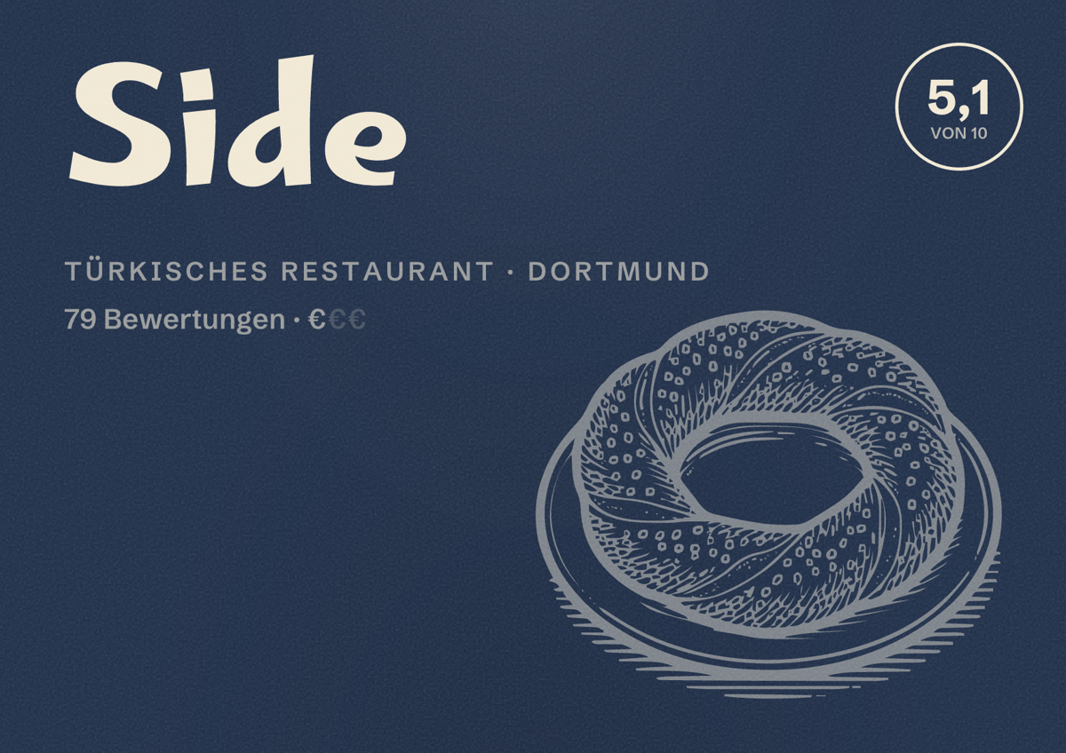 Illustriertes Poster von Side, Türkisches Restaurant in Dortmund: Bewertung 5,1 von 10 aus 79 Bewertungen, Preisniveau €