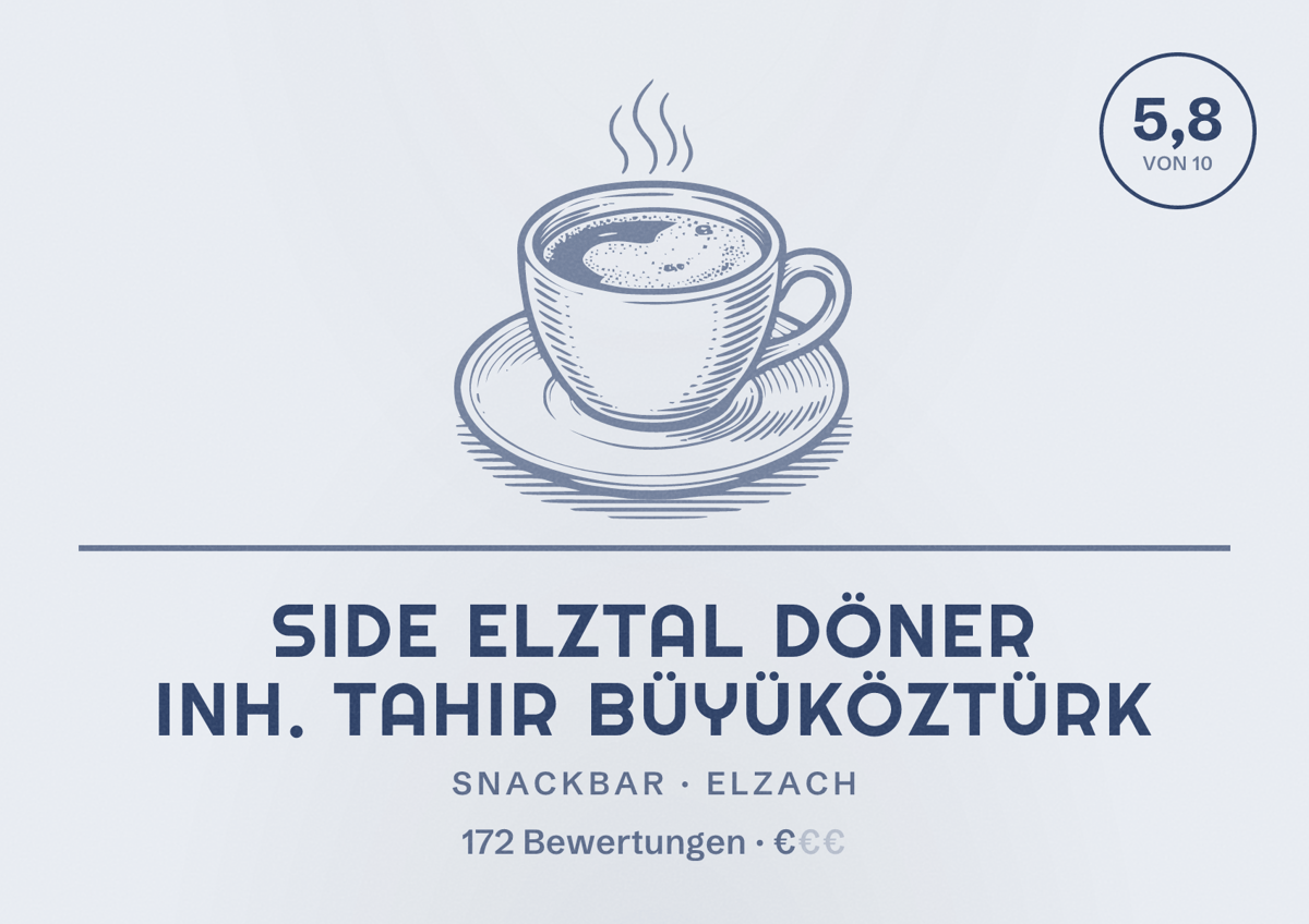 Illustriertes Poster von Side Elztal Döner Inh. Tahir Büyüköztürk, Snackbar in Elzach: Bewertung 5,8 von 10 aus 172 Bewertungen, Preisniveau €