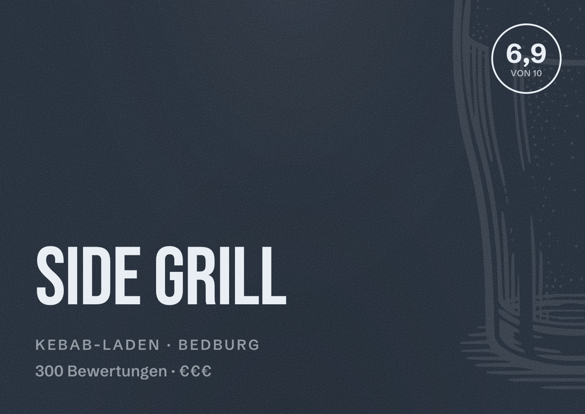 Illustriertes Poster von Side Grill, Kebab-Laden in Bedburg: Bewertung 6,9 von 10 aus 300 Bewertungen, Preisniveau €€€