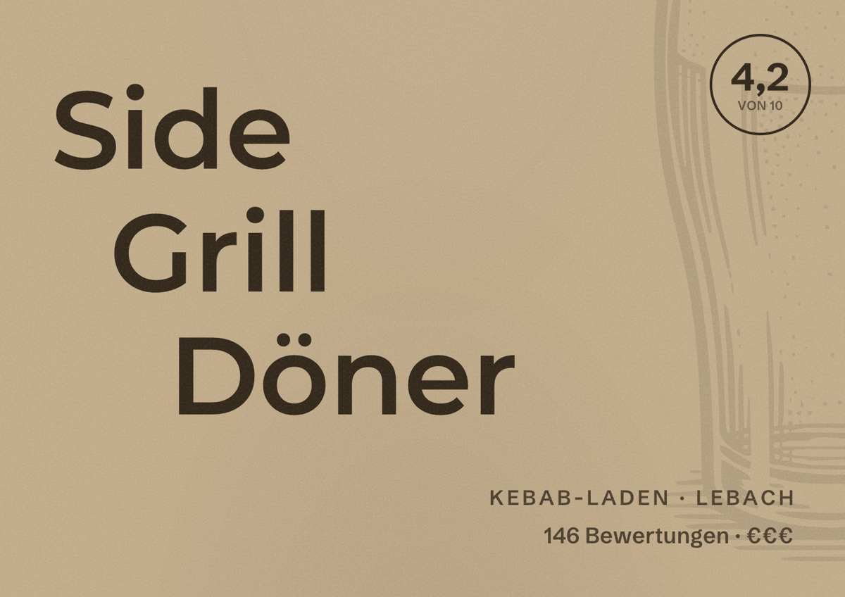 Illustriertes Poster von Side Grill Döner, Kebab-Laden in Lebach: Bewertung 4,2 von 10 aus 146 Bewertungen, Preisniveau €€€