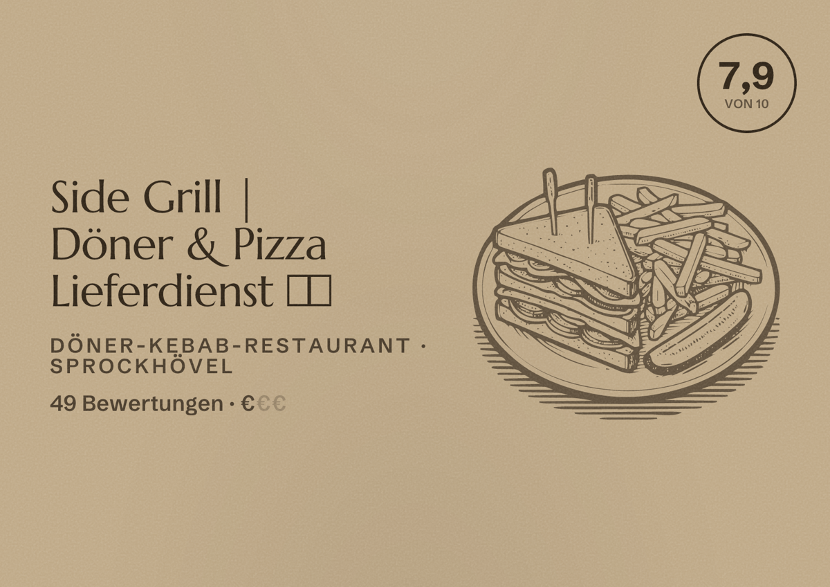 Illustriertes Poster von Side Grill | Döner & Pizza Lieferdienst 🍕🥙, Döner-Kebab-Restaurant in Sprockhövel: Bewertung 7,9 von 10 aus 49 Bewertungen, Preisniveau €