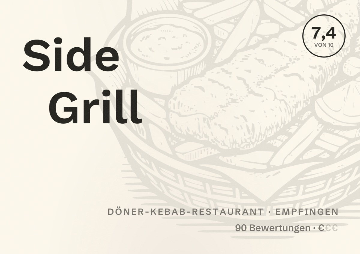 Illustriertes Poster von Side Grill, Döner-Kebab-Restaurant in Empfingen: Bewertung 7,4 von 10 aus 90 Bewertungen, Preisniveau €