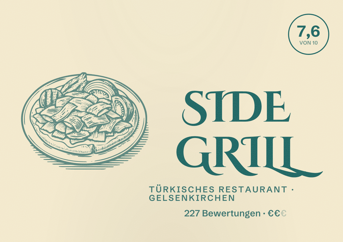 Illustriertes Poster von Side Grill, Türkisches Restaurant in Gelsenkirchen: Bewertung 7,6 von 10 aus 227 Bewertungen, Preisniveau €€