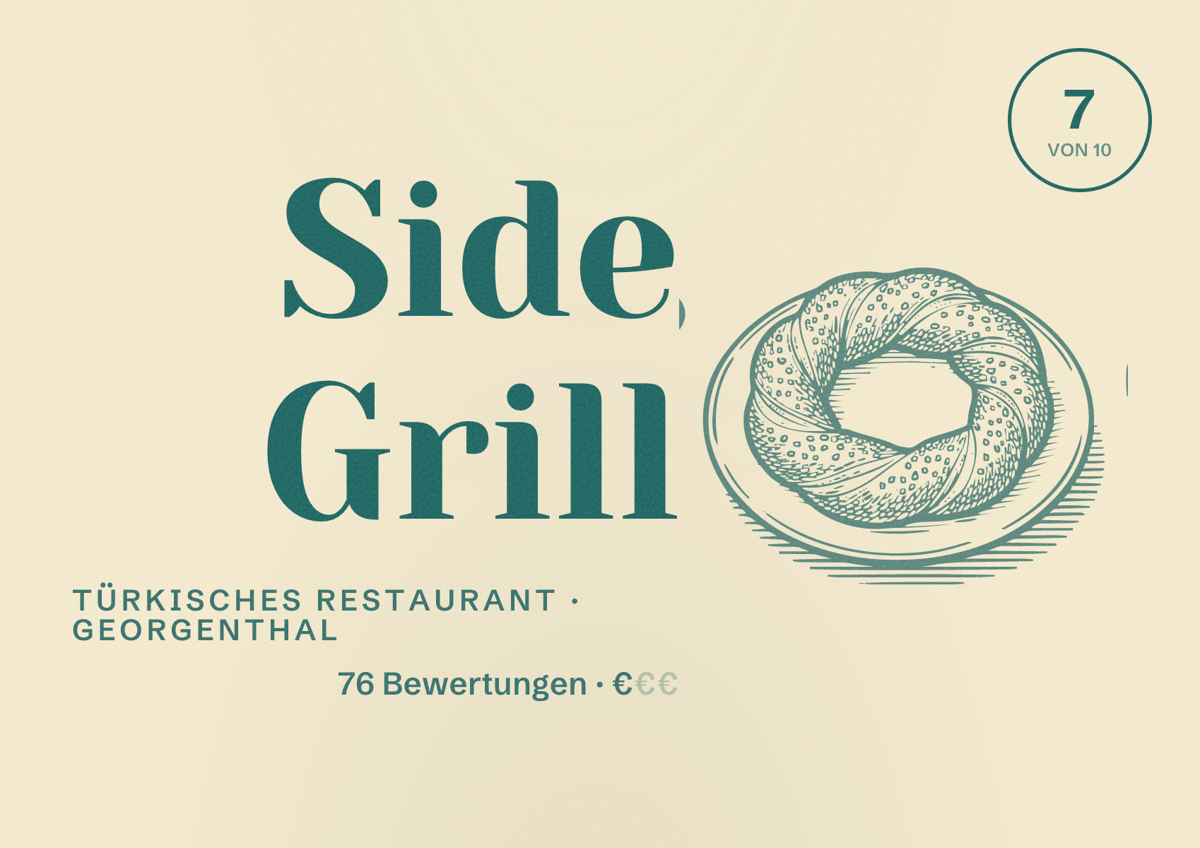 Illustriertes Poster von Side Grill, Türkisches Restaurant in Georgenthal: Bewertung 7 von 10 aus 76 Bewertungen, Preisniveau €