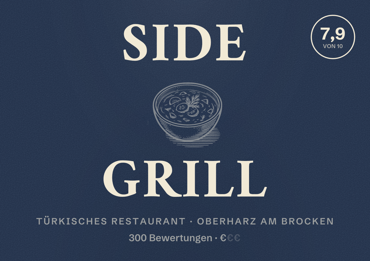 Illustriertes Poster von Side Grill, Türkisches Restaurant in Oberharz am Brocken: Bewertung 7,9 von 10 aus 300 Bewertungen, Preisniveau €