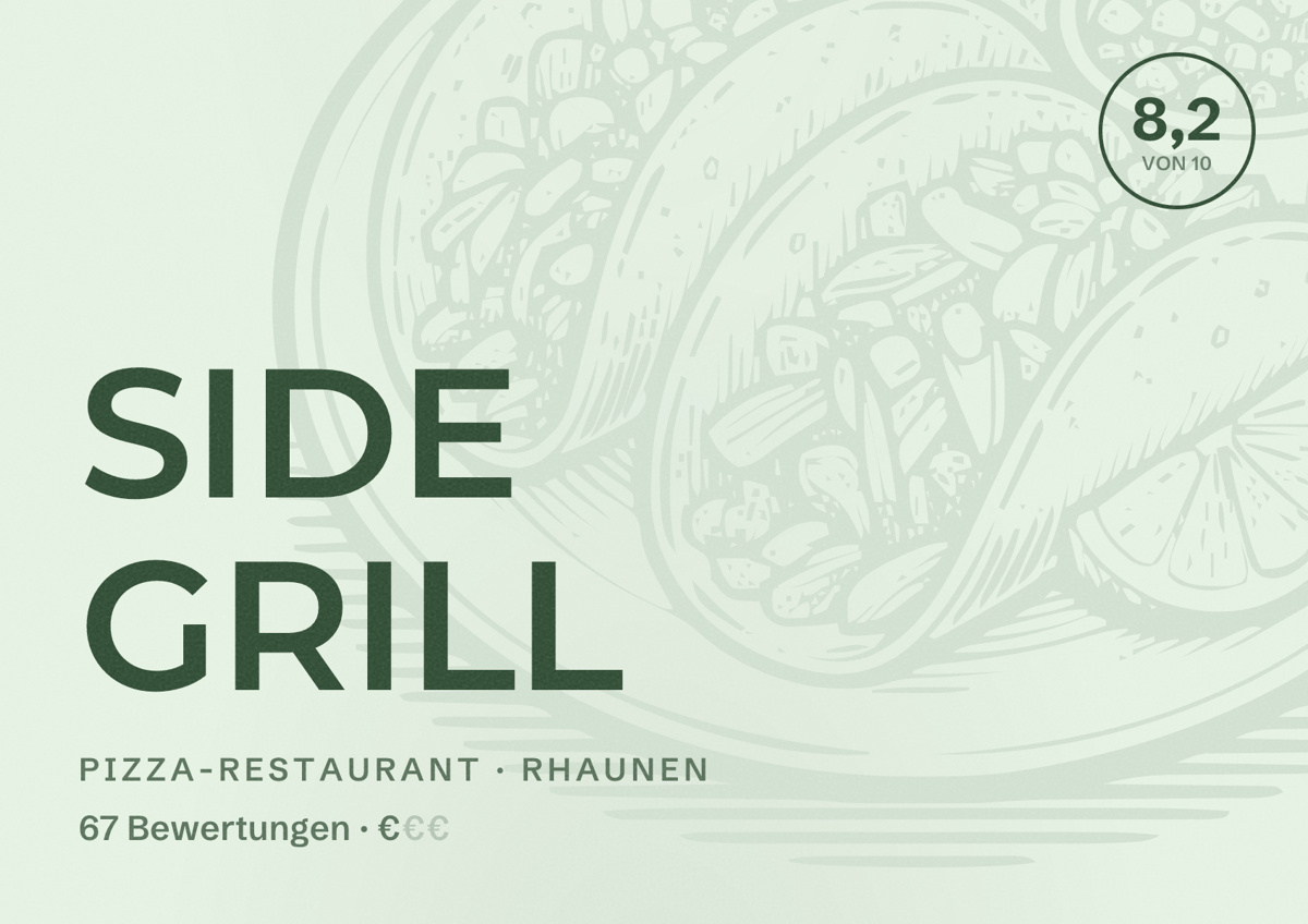 Illustriertes Poster von SIDE GRILL, Pizza-Restaurant in Rhaunen: Bewertung 8,2 von 10 aus 67 Bewertungen, Preisniveau €
