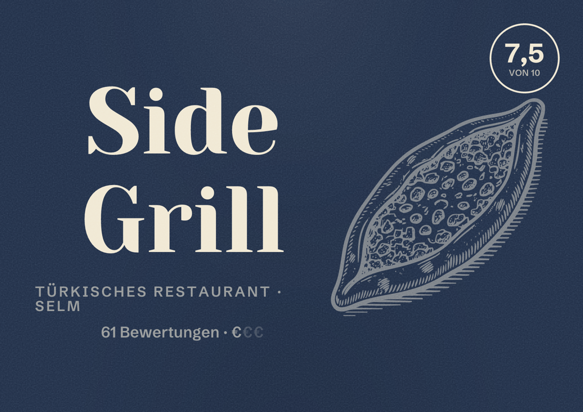 Illustriertes Poster von Side Grill, Türkisches Restaurant in Selm: Bewertung 7,5 von 10 aus 61 Bewertungen, Preisniveau €