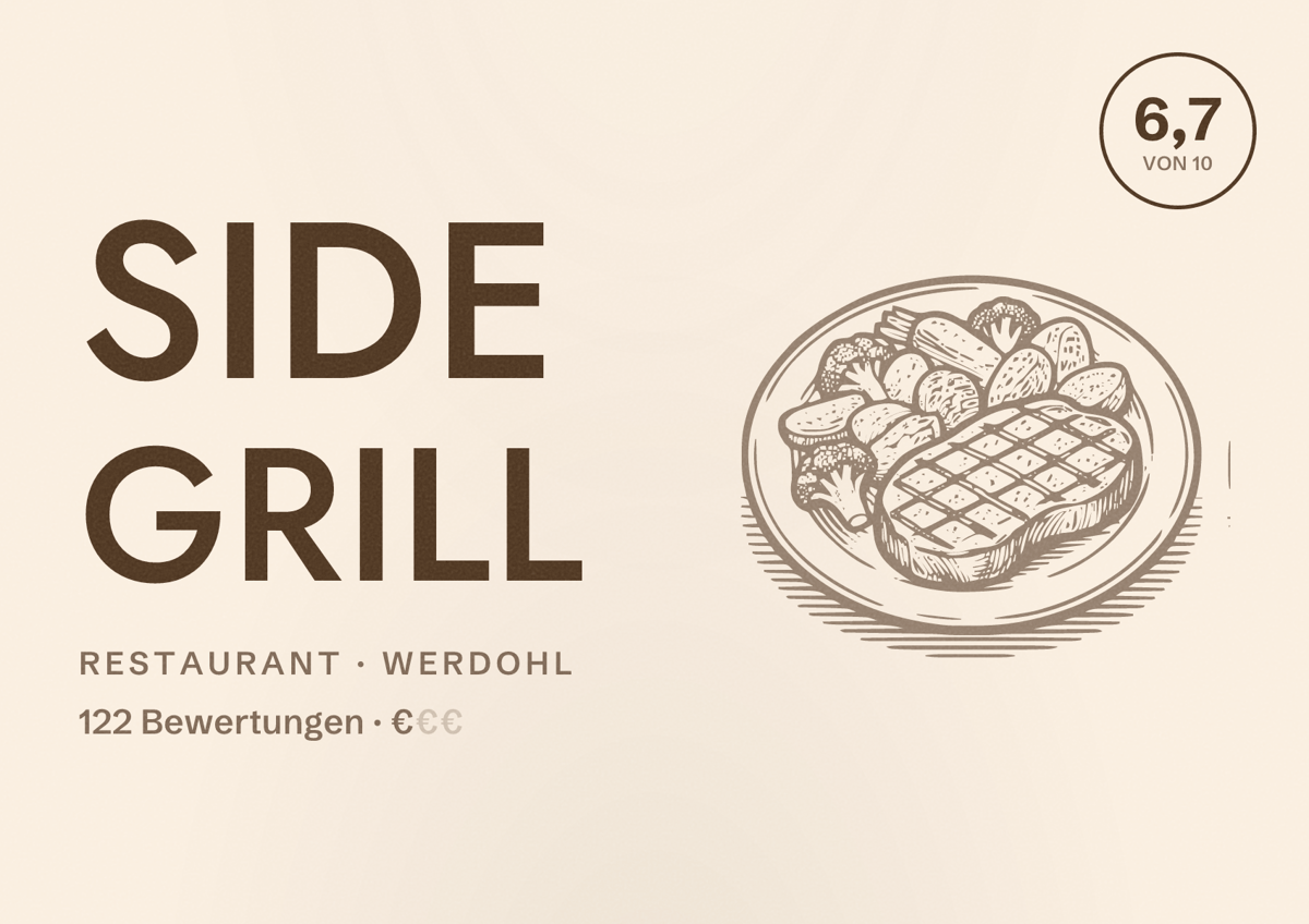 Illustriertes Poster von Side Grill, Restaurant in Werdohl: Bewertung 6,7 von 10 aus 122 Bewertungen, Preisniveau €