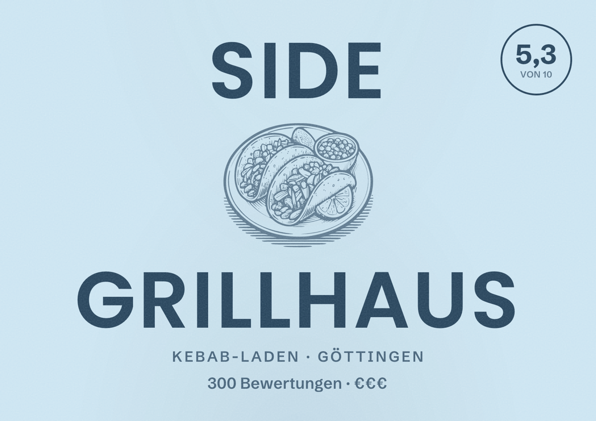 Illustriertes Poster von Side Grillhaus, Kebab-Laden in Göttingen: Bewertung 5,3 von 10 aus 300 Bewertungen, Preisniveau €€€
