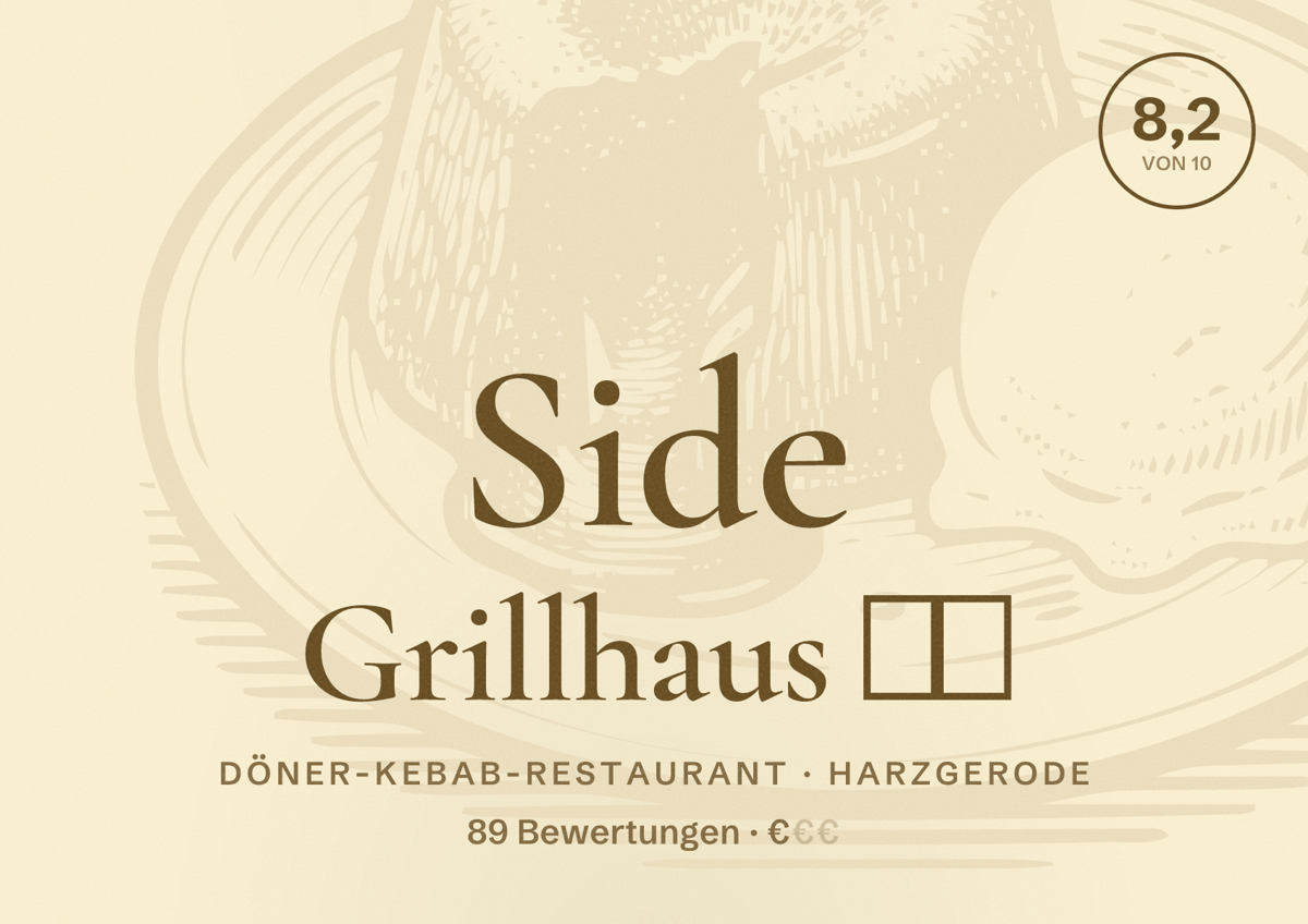 Illustriertes Poster von Side Grillhaus ❤️, Döner-Kebab-Restaurant in Harzgerode: Bewertung 8,2 von 10 aus 89 Bewertungen, Preisniveau €