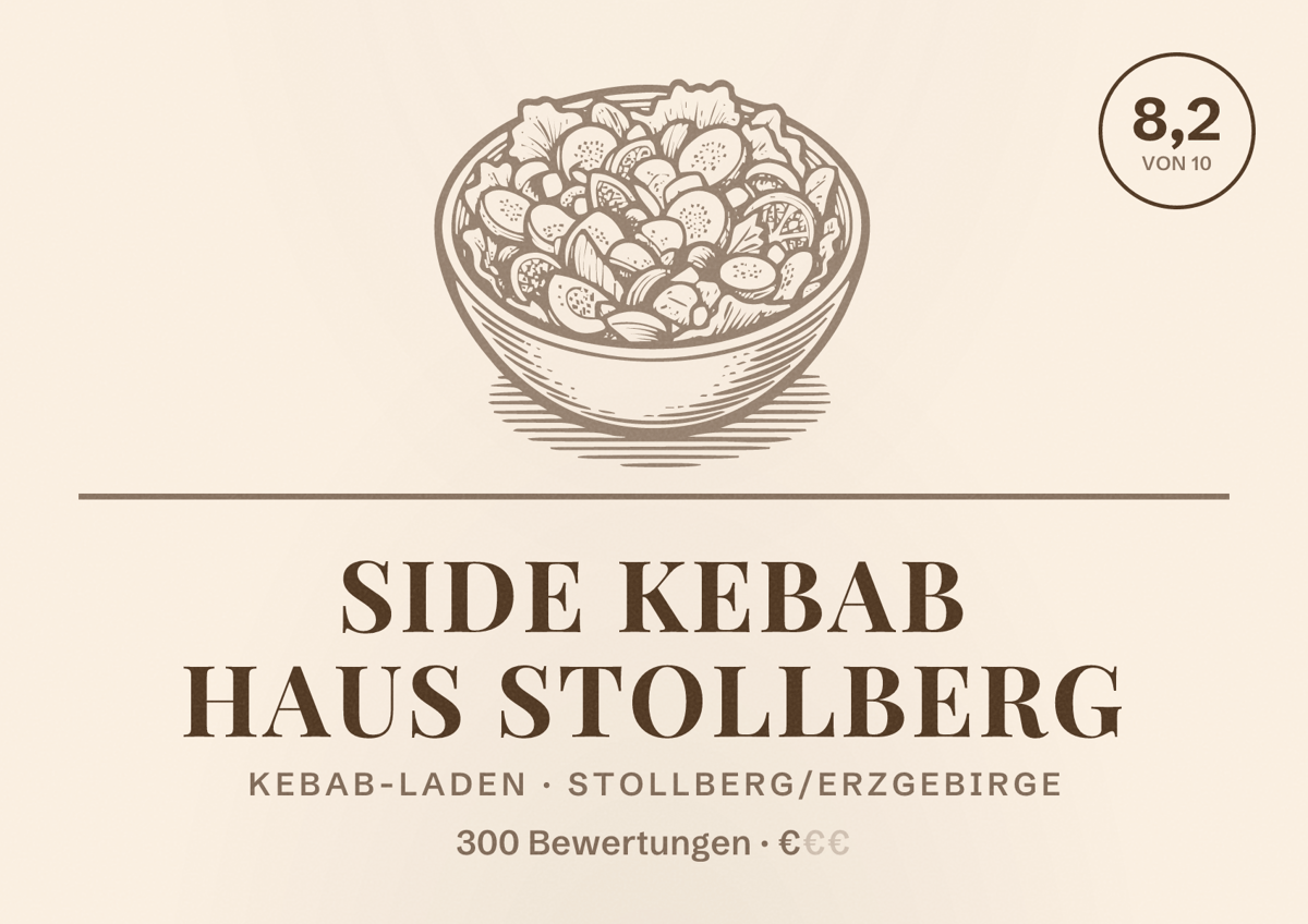 Illustriertes Poster von Side Kebab Haus Stollberg, Kebab-Laden in Stollberg/Erzgebirge: Bewertung 8,2 von 10 aus 300 Bewertungen, Preisniveau €