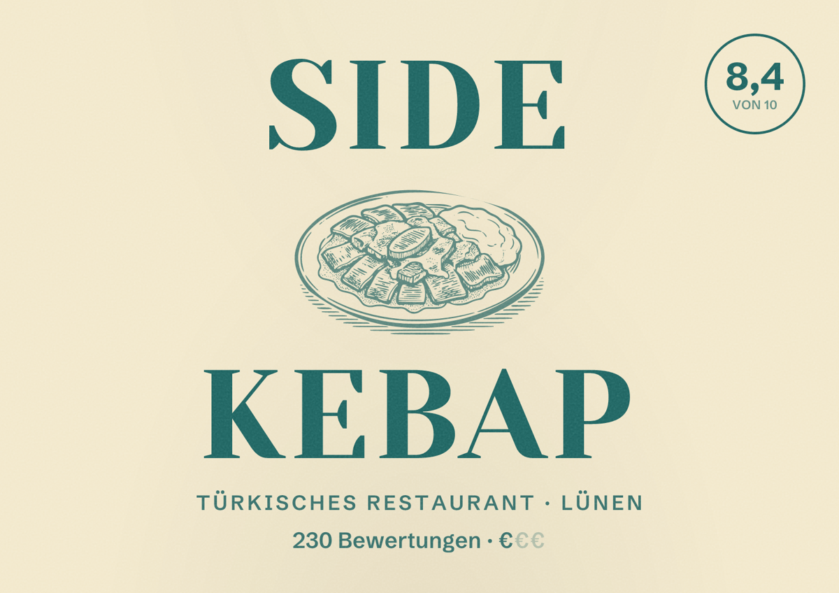 Illustriertes Poster von Side Kebap, Türkisches Restaurant in Lünen: Bewertung 8,4 von 10 aus 230 Bewertungen, Preisniveau €