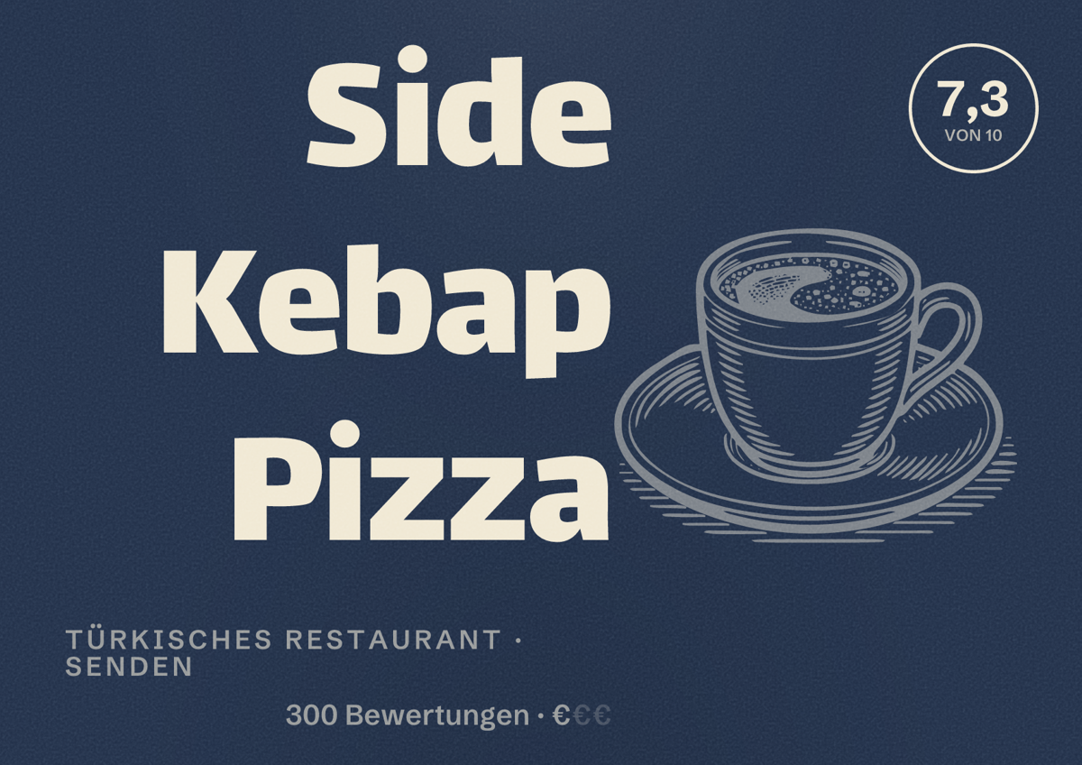 Illustriertes Poster von Side Kebap Pizza, Türkisches Restaurant in Senden: Bewertung 7,3 von 10 aus 300 Bewertungen, Preisniveau €