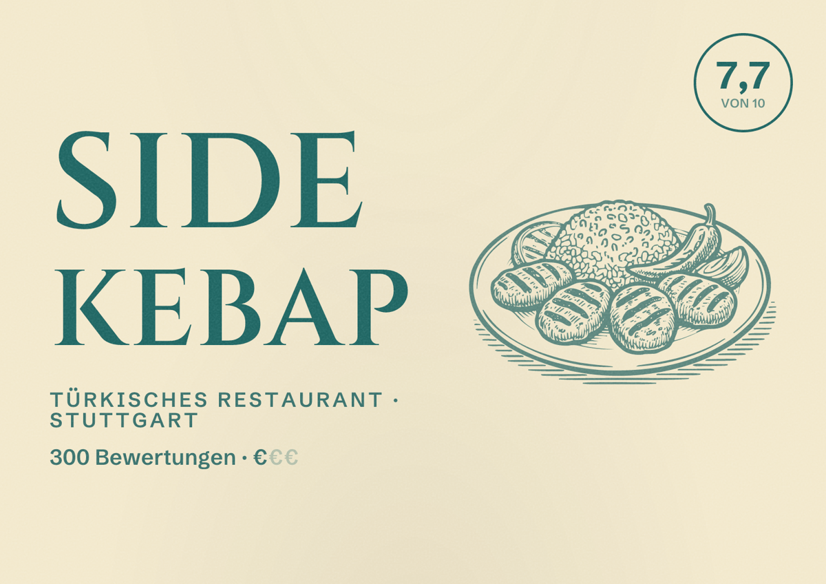 Illustriertes Poster von Side Kebap, Türkisches Restaurant in Stuttgart: Bewertung 7,7 von 10 aus 300 Bewertungen, Preisniveau €