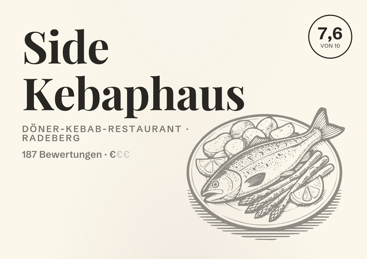 Illustriertes Poster von Side Kebaphaus, Döner-Kebab-Restaurant in Radeberg: Bewertung 7,6 von 10 aus 187 Bewertungen, Preisniveau €