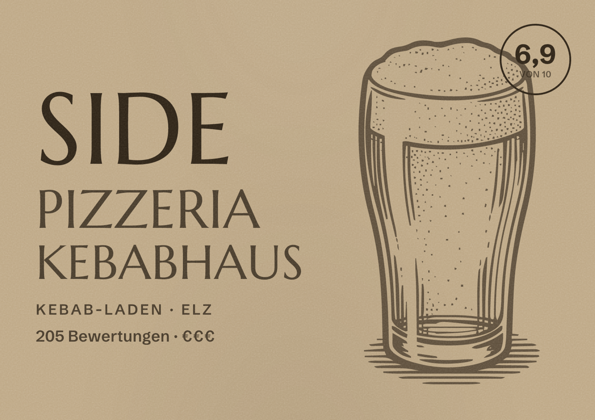 Illustriertes Poster von Side Pizzeria Kebabhaus, Kebab-Laden in Elz: Bewertung 6,9 von 10 aus 205 Bewertungen, Preisniveau €€€