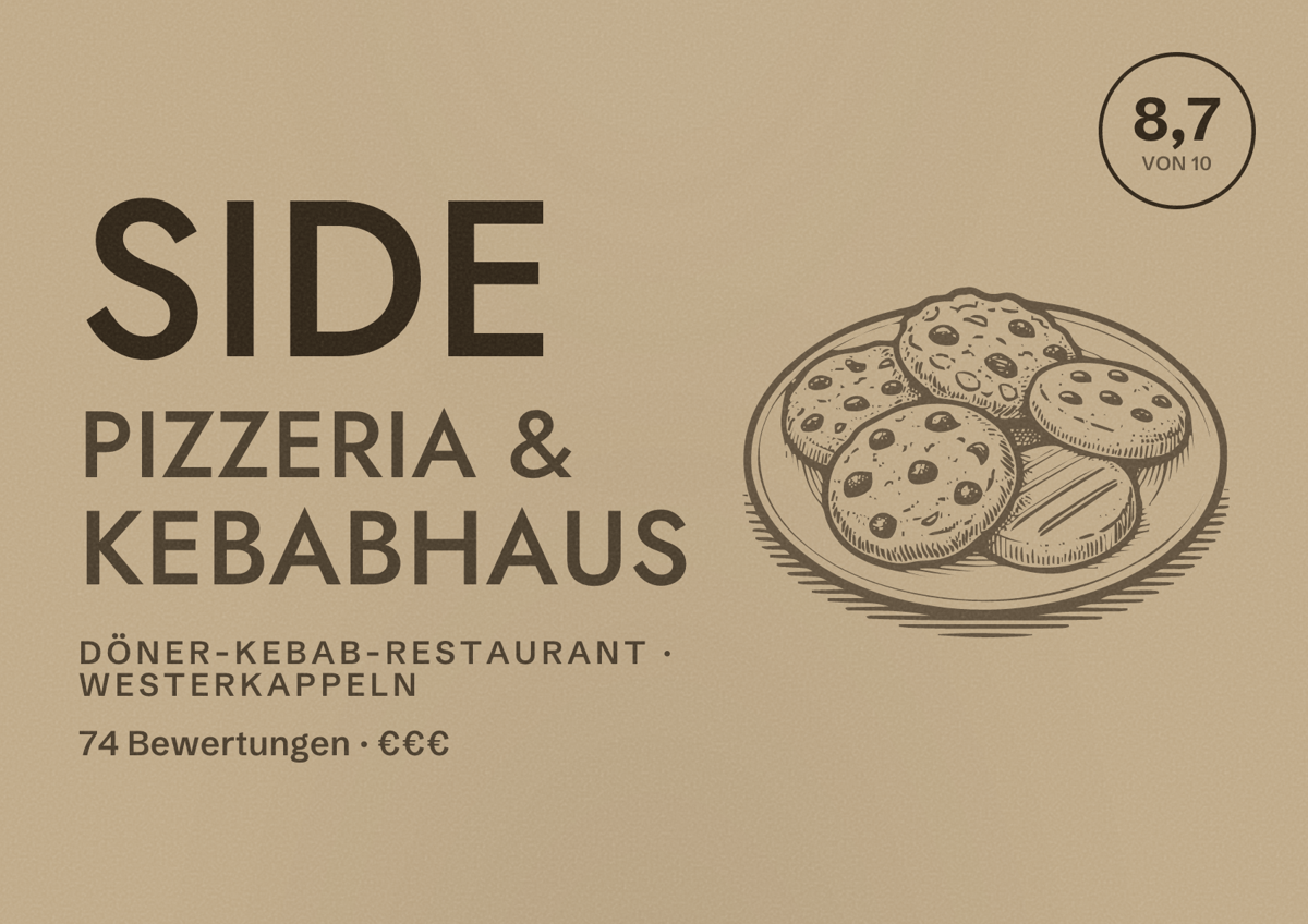 Illustriertes Poster von Side Pizzeria & Kebabhaus, Döner-Kebab-Restaurant in Westerkappeln: Bewertung 8,7 von 10 aus 74 Bewertungen, Preisniveau €€€