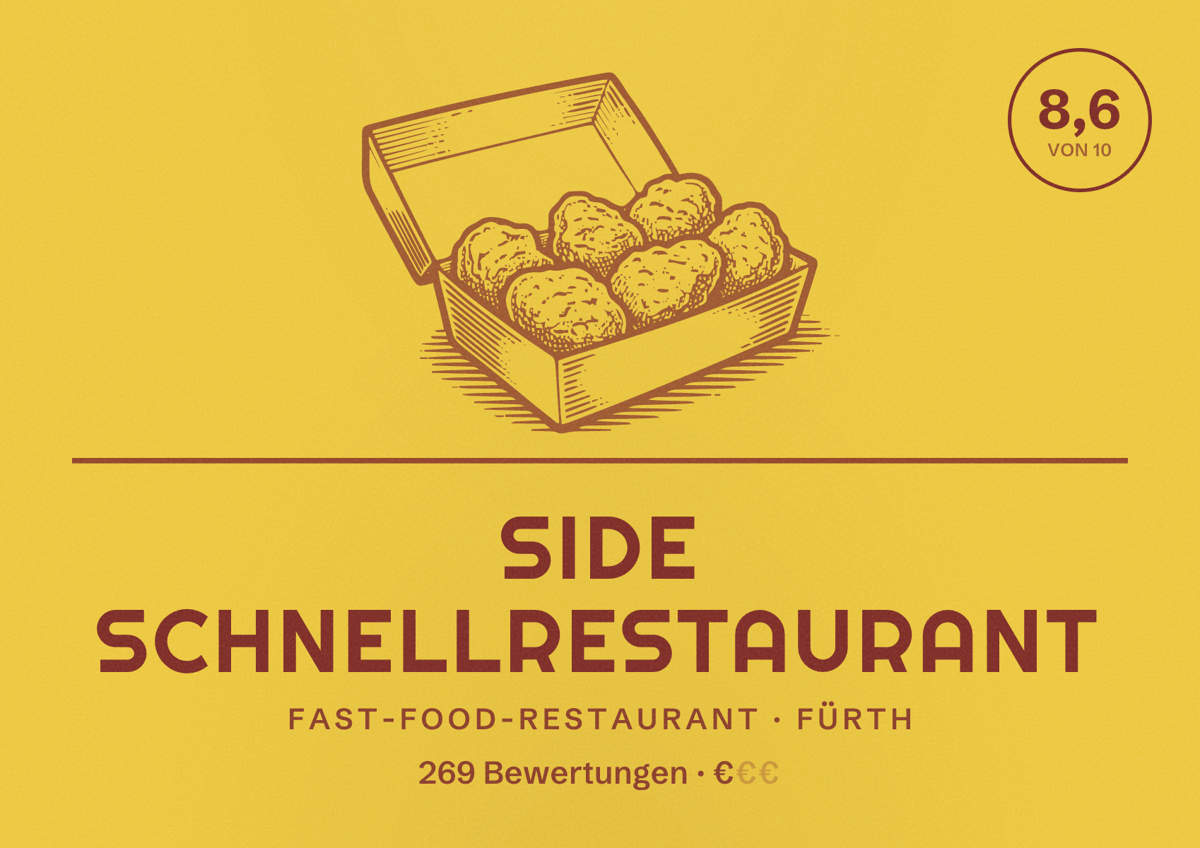 Illustriertes Poster von Side Schnellrestaurant, Fast-Food-Restaurant in Fürth: Bewertung 8,6 von 10 aus 269 Bewertungen, Preisniveau €