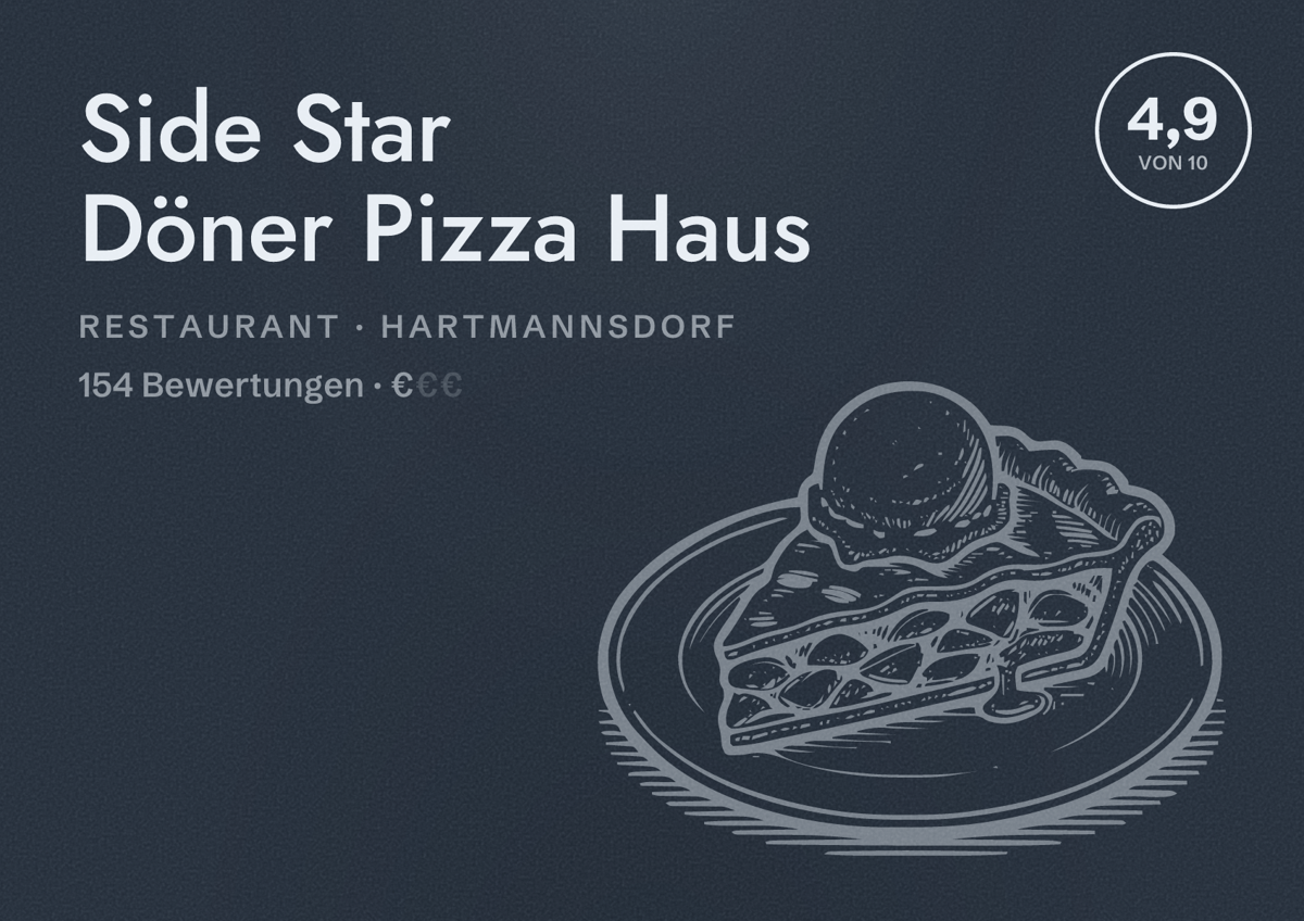 Illustriertes Poster von Side Star Döner Pizza Haus, Restaurant in Hartmannsdorf: Bewertung 4,9 von 10 aus 154 Bewertungen, Preisniveau €
