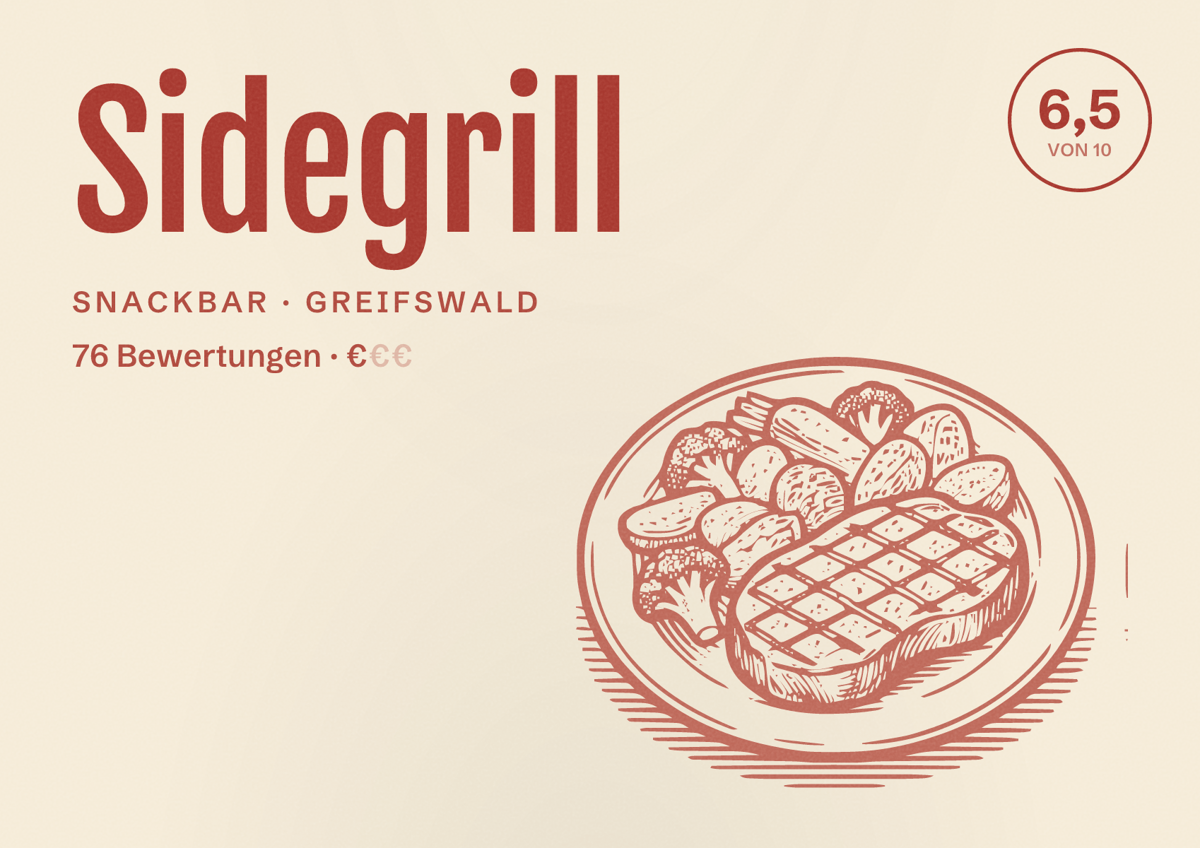 Illustriertes Poster von Sidegrill, Snackbar in Greifswald: Bewertung 6,5 von 10 aus 76 Bewertungen, Preisniveau €