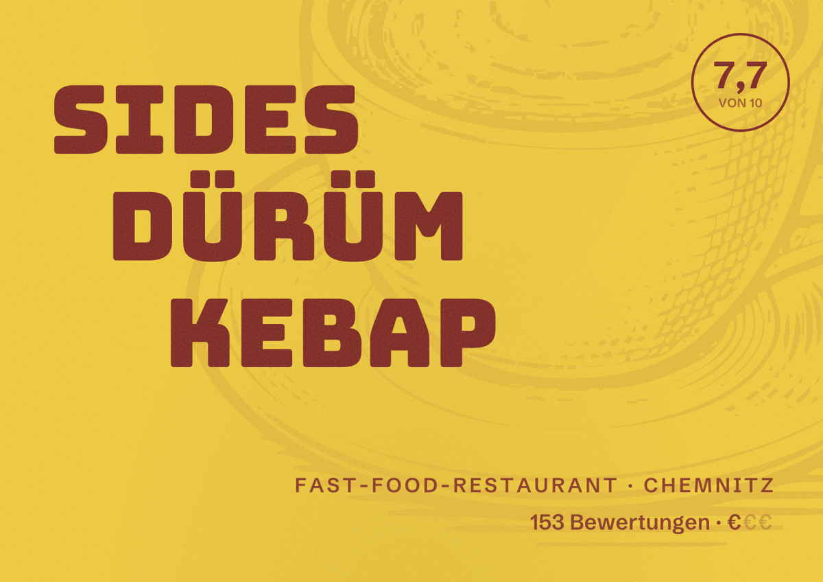 Illustriertes Poster von Sides Dürüm Kebap, Fast-Food-Restaurant in Chemnitz: Bewertung 7,7 von 10 aus 153 Bewertungen, Preisniveau €