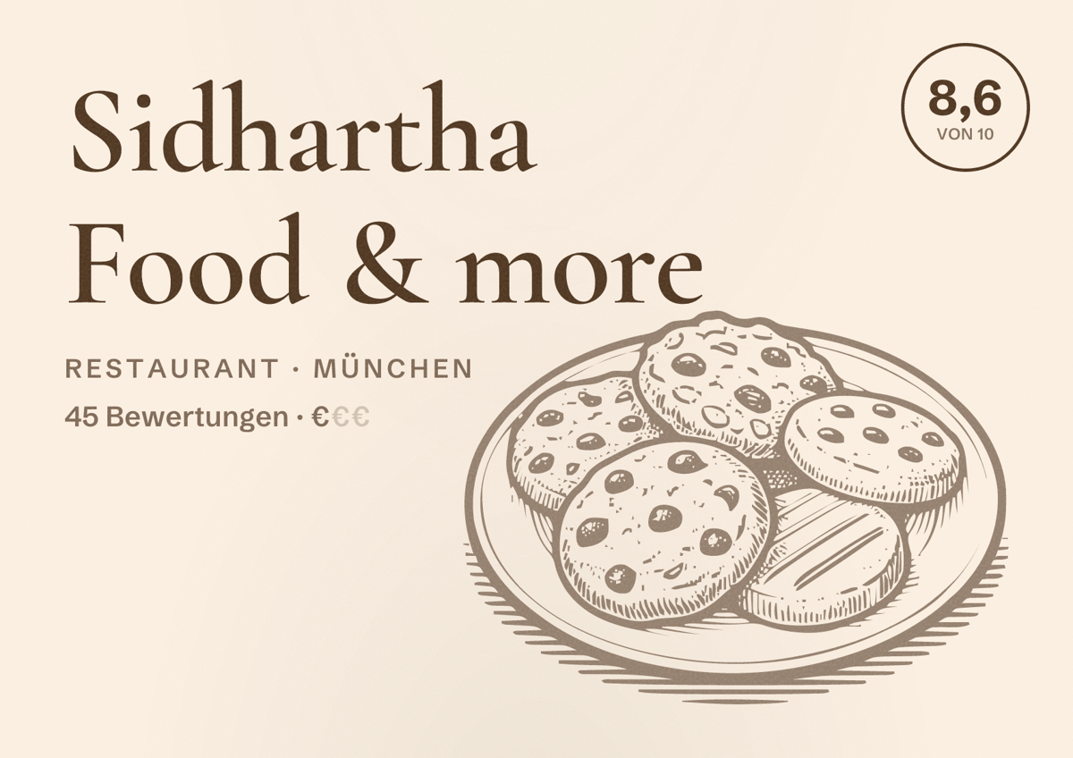Illustriertes Poster von Sidhartha Food & more, Restaurant in München: Bewertung 8,6 von 10 aus 45 Bewertungen, Preisniveau €