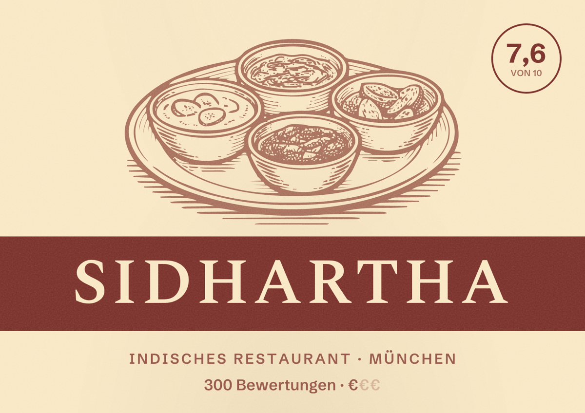 Illustriertes Poster von Sidhartha, Indisches Restaurant in München: Bewertung 7,6 von 10 aus 300 Bewertungen, Preisniveau €